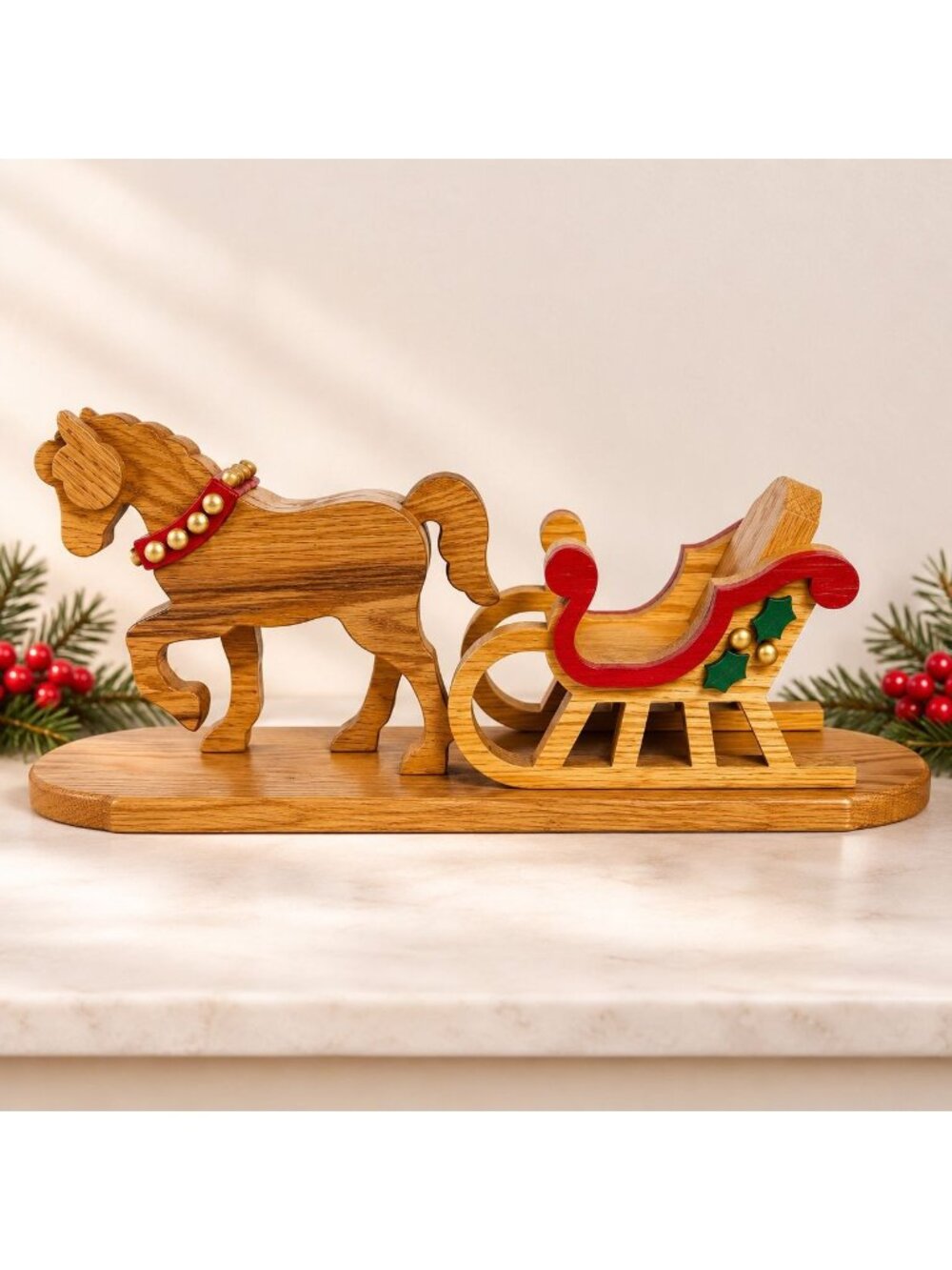 Handmade Wood Horse Drawn Sleigh Christmas Decor 20" Signed 2009 Rustic Country